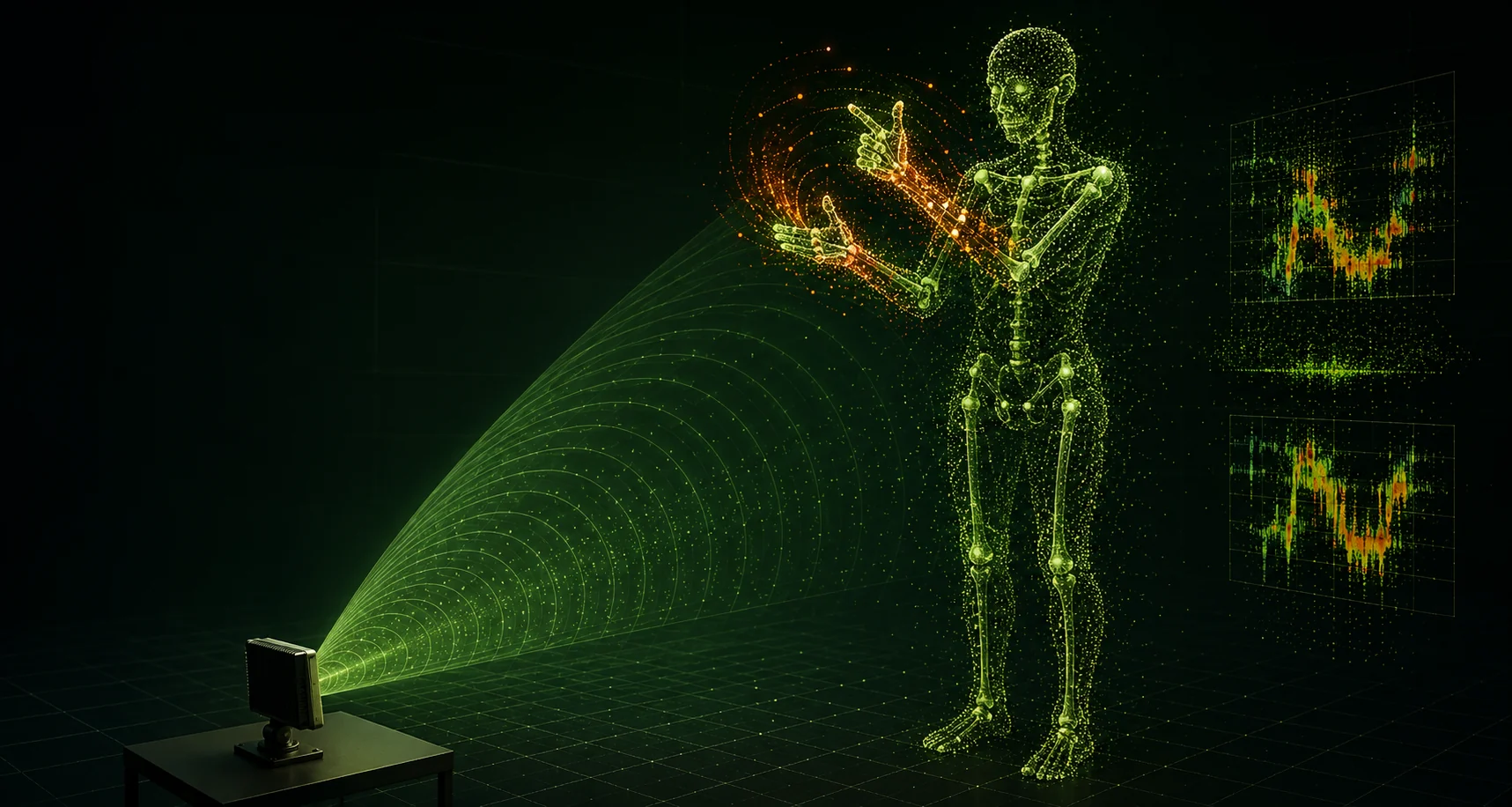 Scientific visualisation of a millimetre-wave radar sensing the skeleton and hand motion of a person signing